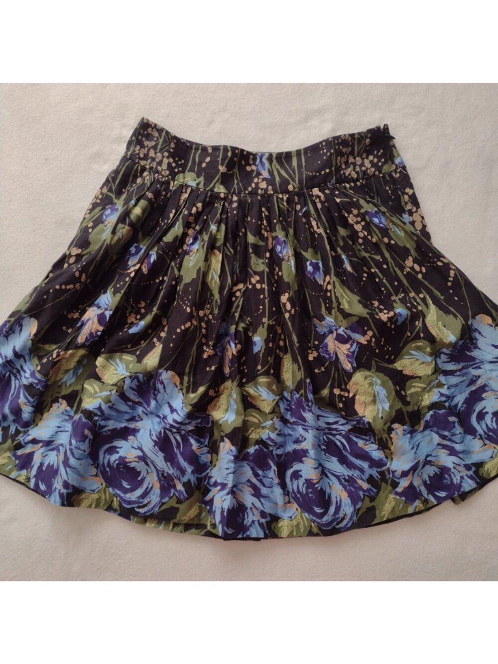 Ann Taylor Loft Floral Full Skirt S6 Black Blue Green Metallic Cotton w Pockets - Picture 4 of 9